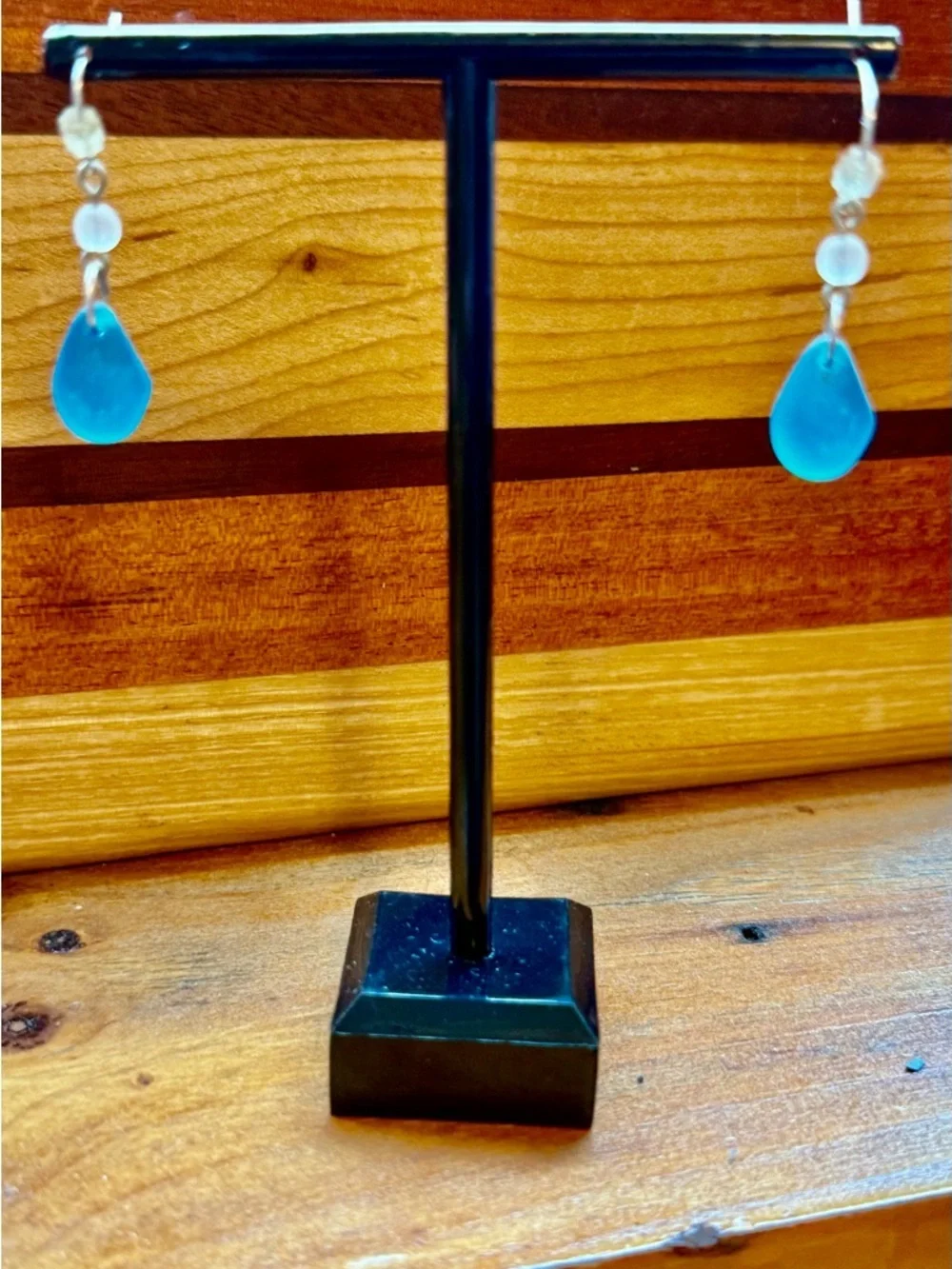 Blue Cape Cod Seaglass Teardrop Dangle Earrings - Picture 1 of 4
